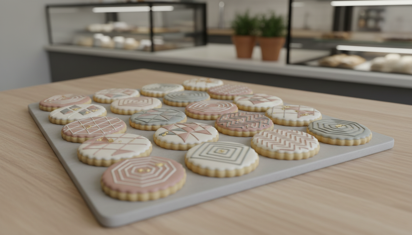 A set of meticulously decorated cookies, each with distinct geometric patterns in neutral and blush-toned royal icing, arranged in a grid on a pale slate serving tray. The tray is positioned on a light wood tabletop in a tidy, open bakery setting. Overhead studio lighting provides even illumination, emphasizing the crisp lines and intricate icing work while casting soft, subtle shadows for gentle depth. The composition uses the rule of thirds, creating visual balance and emphasizing the professionalism of the bakery. The mood is polished and welcoming, with a photographic, minimalist style that highlights technical expertise and elegance.