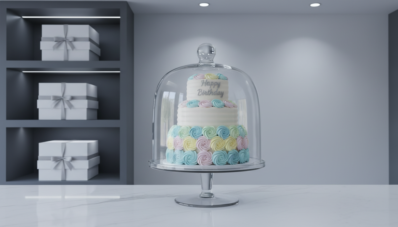 A clear glass cake dome housing an exquisitely decorated birthday cake with neat, pastel piped rosettes and understated text on top, positioned atop a polished quartz counter adjacent to a monochromatic wall shelving display with elegant, stacked cake boxes. Illuminated by soft, cool LED overhead lighting, the cake and dome gleam with subtle reflections and crisp edges. The atmosphere is celebratory yet controlled, exuding professionalism and reliability. The composition is eye-level and symmetrically balanced, with all lines and surfaces appearing neat and intentional. The image style is photographic and clean, perfectly suited to feature bespoke baking products for custom orders.