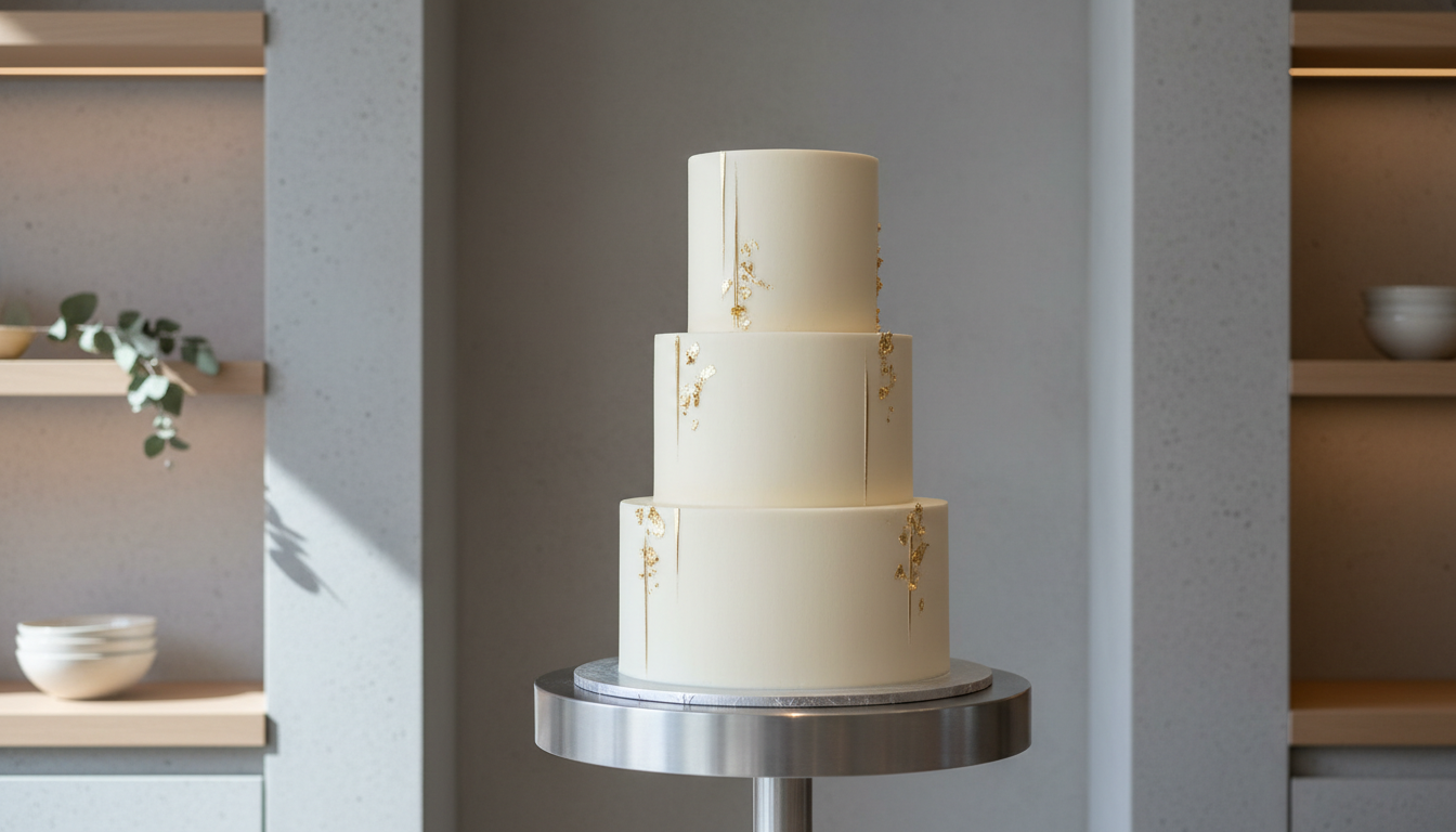 A tiered wedding cake featuring clean, flawlessly smooth buttercream layers with minimalist gold leaf accents, set against a neutral textured stone backdrop on a contemporary brushed metal cake stand. The setting is a tastefully simple bakery display alcove with uncluttered surfaces and precise staging. Cool, indirect daylight enters from the left, throwing delicate highlights across the cake and accentuating its structural form without any harsh glare. The mood is sophisticated and serene, while the composition is slightly angled to showcase both the cake’s stature and attention to detail. The style is photographic realism with balanced, corporate-inspired lines, ideal for a high-end bakery homepage.