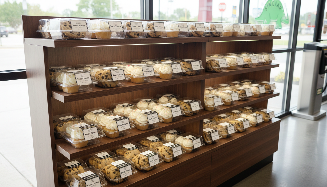 A meticulously arranged retail display at a Rally Stop Sinclair gas station, featuring individually packaged cookies and cupcakes in clear, neatly labeled boxes, set on a tiered dark wood shelving unit. The shelf sits near large store windows, letting in washed, natural daylight that highlights product labels and the appealing textures of the baked goods. The mood is accessible yet elevated, demonstrating the bakery’s attention to maintaining premium presentation even in partner retail spaces. Shot from a slightly elevated angle for maximal product visibility and orderliness, the composition emphasizes clean lines and structure, evoking a sense of trustworthiness. The visual style is photographic, minimal, and organizational, bridging quality bakery aesthetics and commercial retail environments.