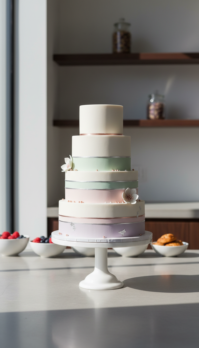 An elegantly iced cake with sharp, clean fondant edges, pristine white and muted pastel colors, and subtle metallic accents, presented on a matte white ceramic cake stand. The cake rests on a sleek concrete counter in a well-organized, minimalist bakery display area. Soft, diffused natural light from a side window casts gentle shadows, highlighting the cake’s smooth textures and structured lines. The atmosphere is professional and refined, evoking a sense of quiet confidence. Captured from an eye-level angle with a centered composition and shallow depth of field, placing full focus on the artistry of the cake. The style is photographic realism with a clean and corporate aesthetic, perfectly aligning with an upscale bakery brand.